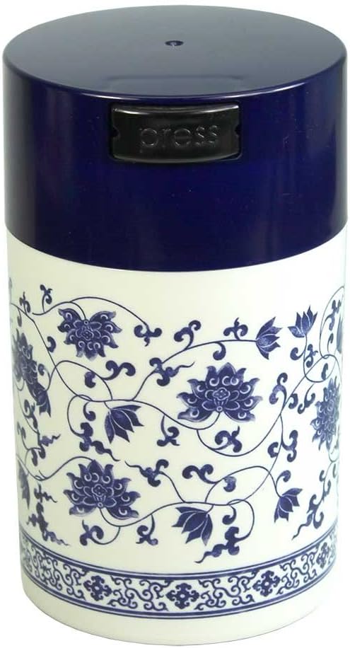 Teavac 6-Ounce Vacuum Sealed Tea Storage Container, Blue Cap and White Body/Floral Design