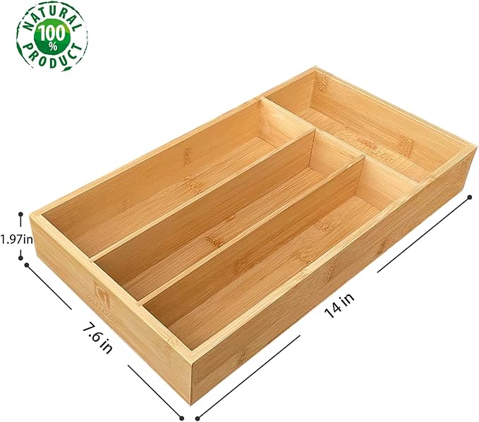 Bamboo Silverware Organizer, Kitchen Drawer Organizer, Silverware Utensil Tray Holder for Flatware Cutlery Knives, Forks, Spoons (4-Slots) (Natural)