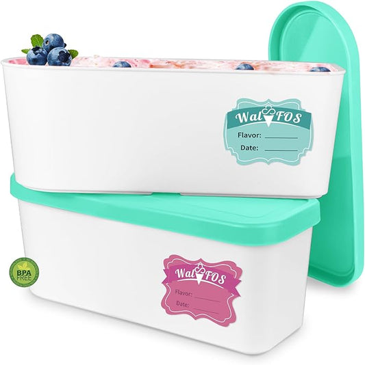 Walfos Ice Cream Containers for Homemade Ice Cream - 1.6 Quart, Bonus Sealing Bands Keeping Silicone Lids Airtight, Reusable Ice Cream Tubs, Stackable Freezer Storage for Yogurt, Sorbet - Green
