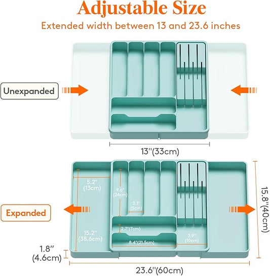 Lifewit Silverware Organizer for Kitchen Drawer, Expandable Utensil Tray with Removable Knife Block, Adjustable Cutlery Flatware Holder, Plastic Spoon Forks Holder Storage Divider, Large, Turquoise