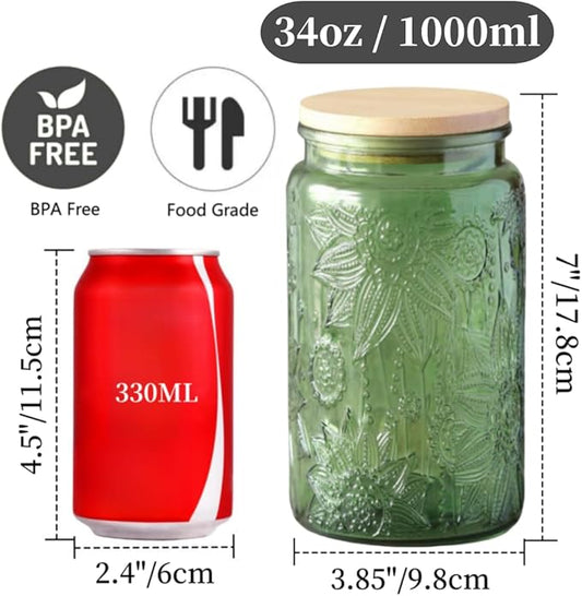 ANSQU Green Glass Canister Jars, 34oz Candy Jars with Lids, Vintage Colored Mason Jars for Kitchen Decorative Jar for Coffee Tea Candy Cookies, Cute Jar (Green, 2 Pack)