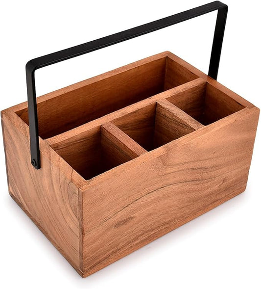 NIRMAN Acacia Silverware Flatware Organizers with Handle for Farmhouse Kitchen Decor, Countertop Organizer and Cookware Storage (9" x 6" x 4.5")