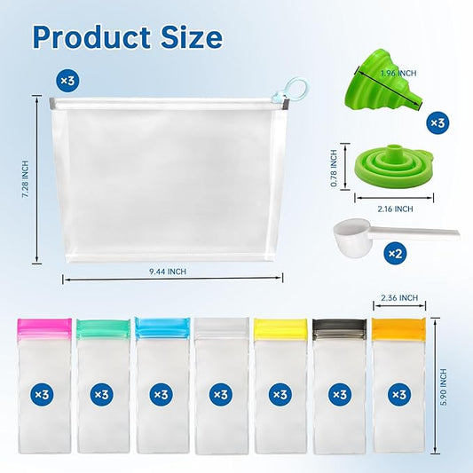 Protein Powder Travel Container Set, Reusable Powder Supplement Container To Go 21Pcs Reusable Protein Powder Bags and 3pc Large Standable Zip Bags for Workout, Fitness, Travel