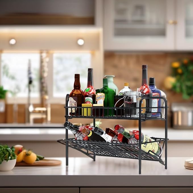 HengLiSam Spice Rack Organizer for Countertop, Heavy Duty Full Solid Metal Kitchen Shelves, 2 Tier Liquor Shelves Freestanding Holder Storage for Kitchen Cabinet Pantry Bottle Rack for Bathroom, Black