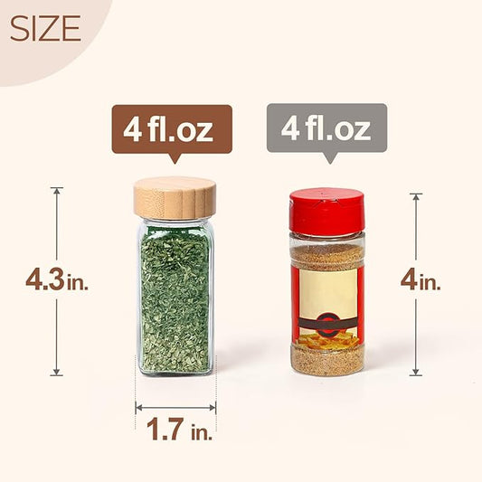 ComSaf 4 oz 6Pcs Glass Spice Jars with Label, Empty Spice Containers with Bamboo Lids, Square Seasoning Containers Trial and Supplement Set, Small Seasoning Bottles for Salt, Herbs, Sugar, Pepper