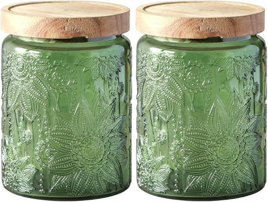 Vintage Glass Jar with Lid,Cookie Candy Jar Coffee Canister Food Storage Containers Storage Jar Set for Kitchen Office (Green garden - acacia)
