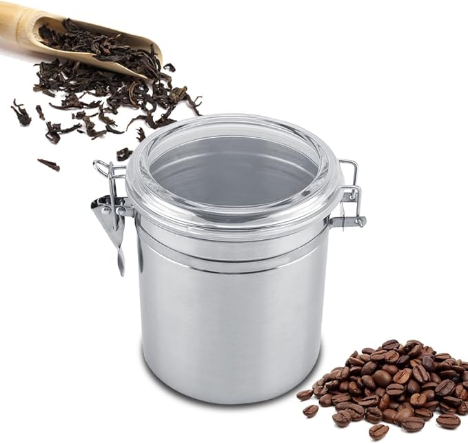 Stainless Steel Coffee Canister, Airtight Ground Coffee Bean Storage Container Keep Bean Fresh Organizer Jars Clear Clamp Lid Large Capacity for Kitchen Organization Pantry Tea Flour Sugar 1450ml