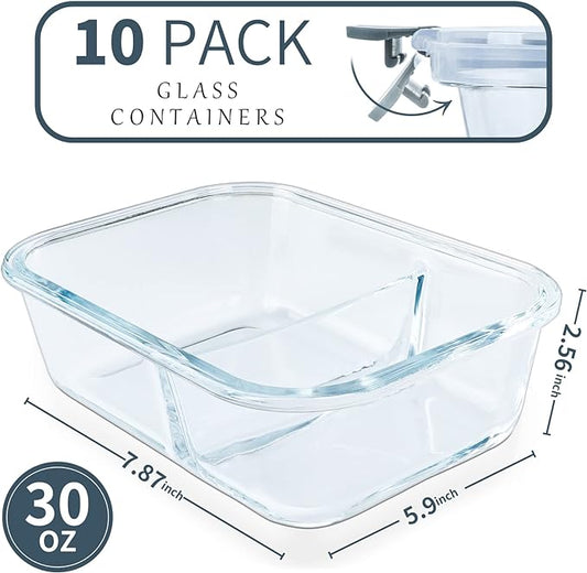10 Packs 30oz Glass Meal Prep Containers 2 Compartments,Glass Food Storage Containers with Lids,Airtight Lunch Bento Boxes,Microwave,Oven,Freezer and Dishwasher Safe