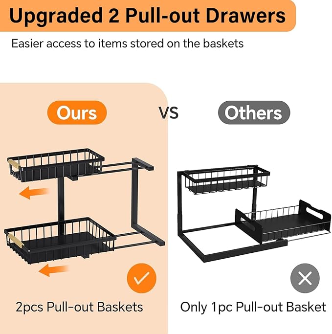 Miyawell Under Sink Organizer and Storage, 2-Tier Pull Out Cabinet Organizers Shelf, Metal Sliding Drawers Shelves for Kitchen Bathroom Closet Organization, 2 Pack