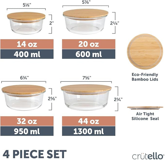 Crutello Glass Meal Prep Containers with Bamboo Lids, 4 Pack - Airtight Clear Food Storage Canisters for Kitchen Organization - A Family-Owned American Brand