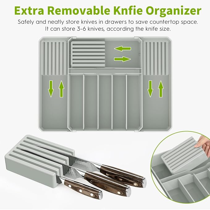 Silverware Drawer Organizer, Expandable Kitchen Utensil Organizer, Larger Capacity Flatware and Cutlery Tray, Multi-Purpose Drawer Storage for Kitchen, Dressing Table, Office, Bathroom, (Grey)