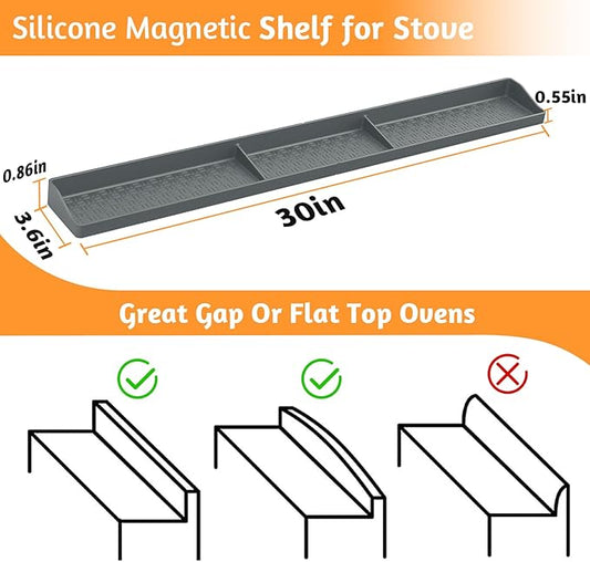 30 Inch Silicone Stove Top Shelf Magnetic for Kitchen, Soft Flexible Strong Magnetic Heat Resistant Spice Rack Organizer for Over Stove Oven - Grey