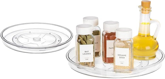 11" Lazy Susan Organizer. 2 Pack Clear Plastic Rotating Trays for Cabinets, Fridge, Pantry, Bathroom, Under Sink, Vanity, Countertops