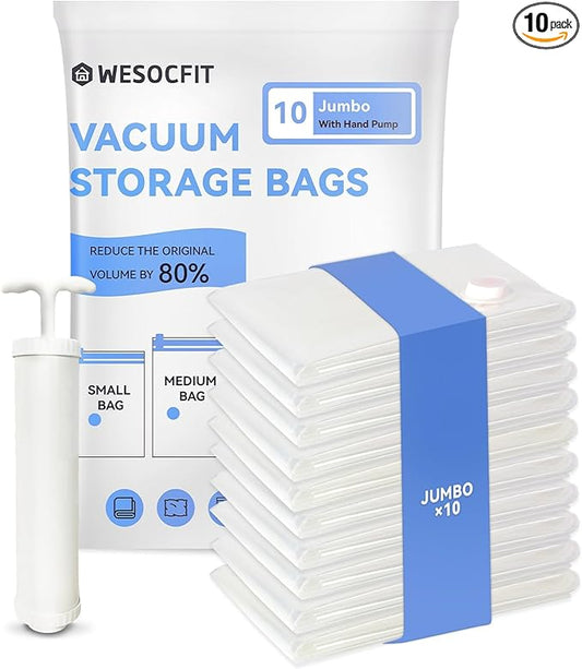 10 Jumbo Vacuum Storage Bags, Vacuum Seal Bags for Clothing, Pillows, Comforters, Blankets, Space Saver Bags with Hand Pump