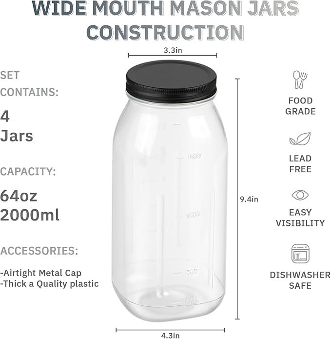 novelinks 4 Pack 64 OZ Plastic Wide Mouth Mason Jars with Airtight Lids - Wide Mouth Half Gallon Large Mason Jar 64 OZ Storage Canning Jar for Kitchen & Household Storage (Black)