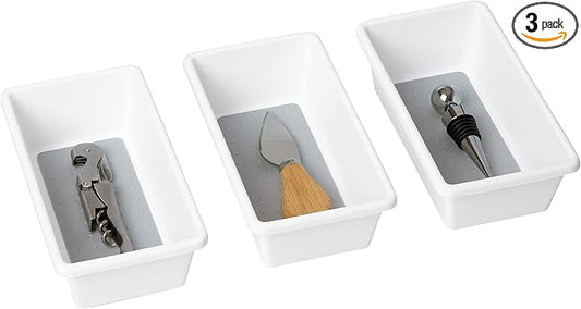 Smart Design Plastic Drawer Organizer - Set of 3-6.75 x 3.75 Inch - Non-Slip Lining and Feet - BPA Free - Utensils, Flatware, Office, Personal Care, or Makeup Storage - Kitchen - White with Gray