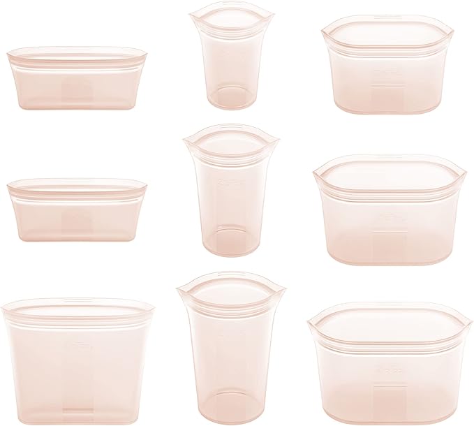Zip Top Reusable Food Storage Bags | 9 Piece Set [Peach] - 3 Bags, 3 Cups, 3 Dishes | Silicone Meal Prep Container | Microwave, Dishwasher and Freezer Safe | Made in the USA