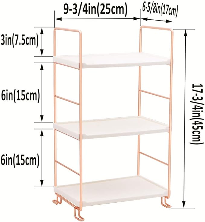 Plastic/Metal Freestanding Stackable Organizer Shelf,Bathroom Countertop Storage Shelf Cosmetic Organizer Holder Kitchen Spice Rack,3-Tier Standing Rack (Rose Gold)