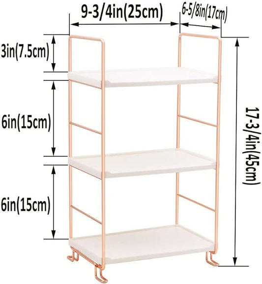 Plastic/Metal Freestanding Stackable Organizer Shelf,Bathroom Countertop Storage Shelf Cosmetic Organizer Holder Kitchen Spice Rack,3-Tier Standing Rack (Rose Gold)