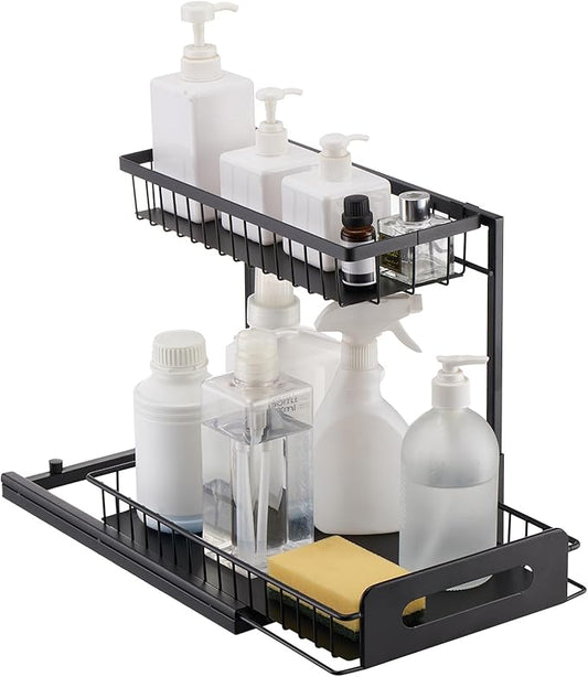 VEVOR 2 Tier Pull Out Cabinet Organizer(10.7" W x 14.2" D), Under Sink Organizer and Storage, Slide Out Drawer Cabinet Organizer, Wire Basket Sliding Shelf Storage for Kitchen Bathroom Cabinet, Black