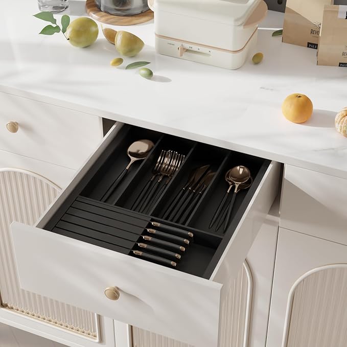 Utensil Organizer Silverware Tray for Drawer - Bamboo Knife Drawer Organizer Expandable Cutlery Organizer in Drawer Knife Block W12.8-20.2" x L16 x H2 (Black)