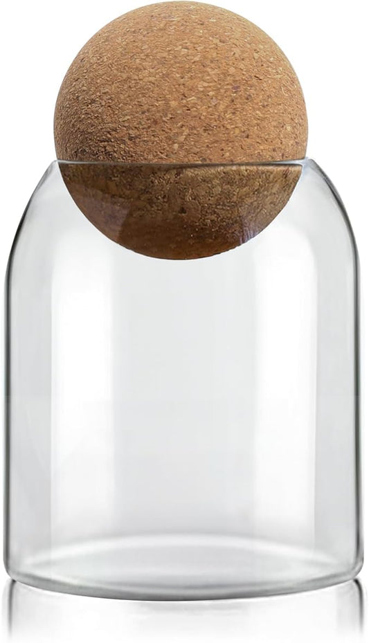 ComSaf Glass Storage Container with Ball Cork, 16 oz Small Glass Jar with Cork Lid, 1 Pack Candy Jar, Cute Decorative jar for Tip, Change, Salt, Sugar, Cookies, Bathroom Cotton Swab Qtip Holder