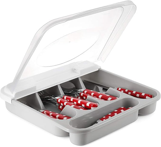 Flatware Plastic Tray with Hinged Lid, Kitchen Cutlery and Utensil Drawer Organizer, Silverware Countertop Storage Container with Attached Cover