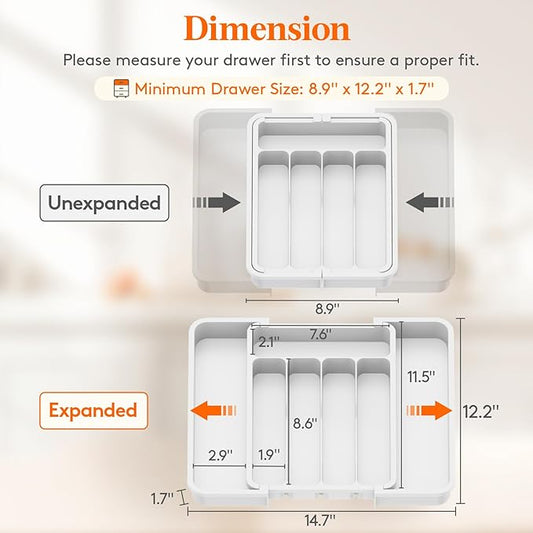 Lifewit Silverware Drawer Organizer, Expandable BPA Free Utensil Tray for Kitchen, Adjustable Flatware and Cutlery Holder for Spoons Forks Knives, Plastic Kitchen Organizers and Storage, White
