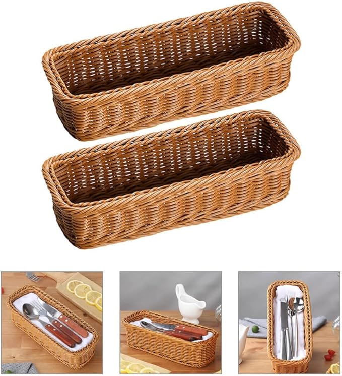Cabilock 2pcs Wicker Rectangular Woven Baskets Bins Rattan Woven Utensils Holder Cutlery Organizer for Countertop Chopsticks Storage