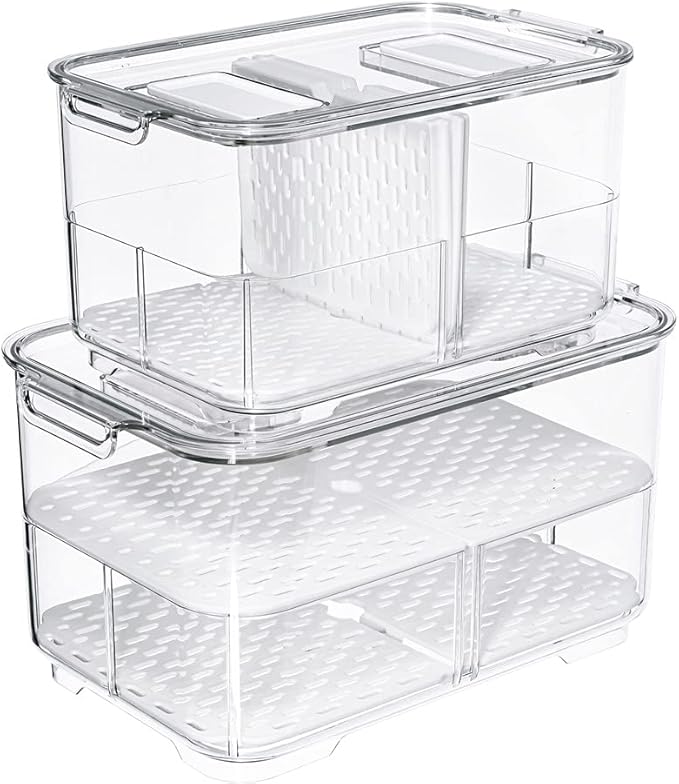 Fridge Food Storage Bin Containers Produce Saver, Stackable Freezer Bins Fresh Keeper Food Storage Containers for Fridge Freezer Cabinet Kitchen Organization, Set of 2