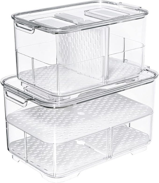 Fridge Food Storage Bin Containers Produce Saver, Stackable Freezer Bins Fresh Keeper Food Storage Containers for Fridge Freezer Cabinet Kitchen Organization, Set of 2