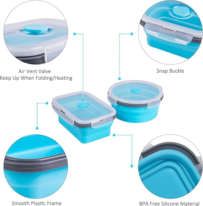 Collapsible Food Storage Containers with Lid & Air Vent, 16 Pack, 8 Rectangular + 8 Round, Foldable Silicone Lunch Containers Collapsible Bowls Set, Microwave Freezer Dishwasher Safe, Blue