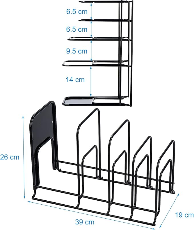 Toplife Heavy Duty Pan Organizer, 5 Tier Pot and Pan Organizer Rack for Cast Iron Skillets, Griddles and Pots - Sturdy Steel Construction- No Assembly Required - Black
