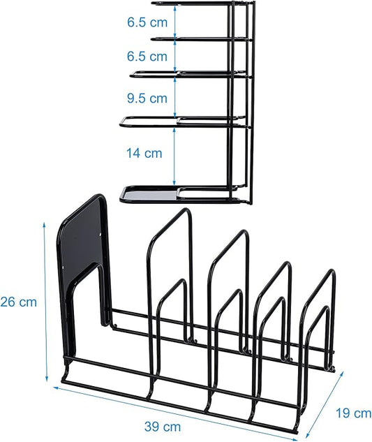Toplife Heavy Duty Pan Organizer, 5 Tier Pot and Pan Organizer Rack for Cast Iron Skillets, Griddles and Pots - Sturdy Steel Construction- No Assembly Required - Black
