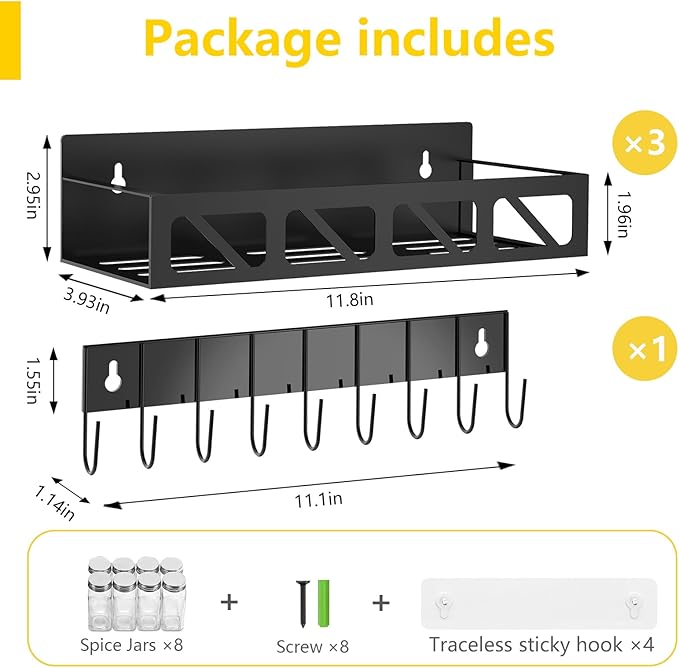 Magnetic Spice Rack Organizer for Fridge Seasoning Organizer for Kitchen storage with Screw or Adhesive Hanging,Magnetic Shelf with Hook for Refrigerator and Oven (Black-8jars, 3pack)