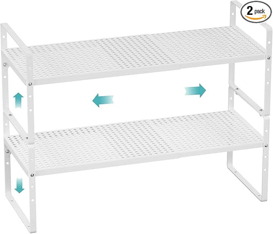Expandable Cabinet Organizer Shelves,Metal Adjustable Height Spice Racks,D:10.24" x W:16.5"-27.2" Stackable Storage Shelves for Cabinet,Pantry,Counter,Cupboard,2 Packs Kitchen Under Sink Storage Racks