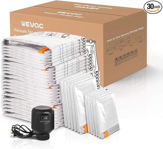 [2024 NEW] 30 Pack Vacuum Storage Bag (5 Jumbo/5 Large/5 Medium/5 Small/10 Roll) | Electric Pump | Space Saver | Rapid Vacuum | Double Zip | Clip Stopper | Clothes, Blanket Compression and Travelling