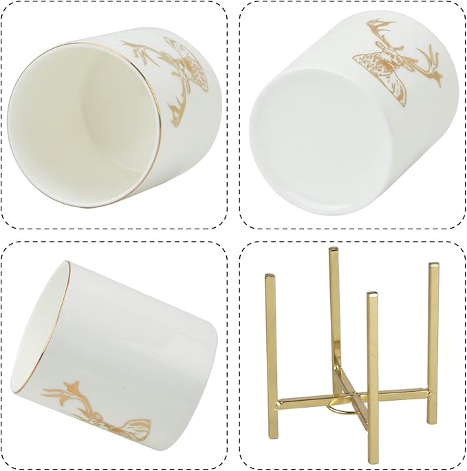 Gold Utensil Crock, Farmhouse Utensil Caddy, 2 PCS Kitchen Flatware Organizer Rustic, Silverware Caddy Cutlery Holder, Golden Deer Pattern
