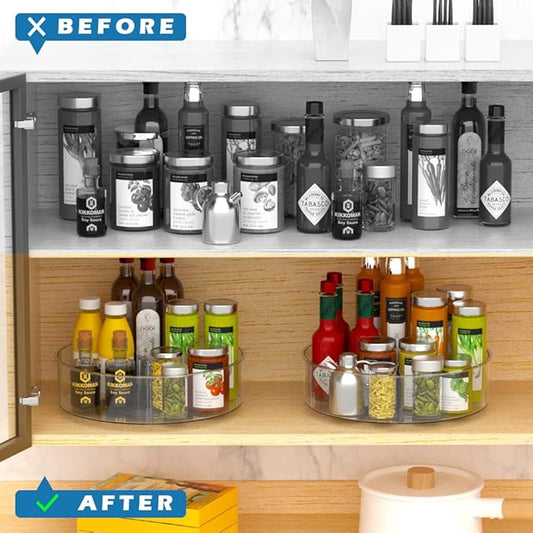 SANNO Lazy Susan Spinning Organizer with Dividers - Food Safe Turntable Spice Rack for Kitchen Cabinet, Pantry, Refrigerator & Countertop
