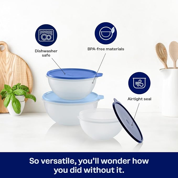 Tupperware Heritage Wonderlier 12 Piece Food Storage Bowl Set in Clear/Blue, Dishwasher Safe and BPA Free (6 Bowls, 6 Lids)