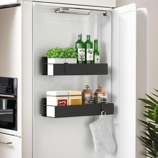 2 Pack Magnetic Spice Storage Rack Organizer for Refrigerator and Oven, Moveable Magnetic Spice Organizer, Black Metal Strong Magnetic Shelf for Fridge and Microwave Oven