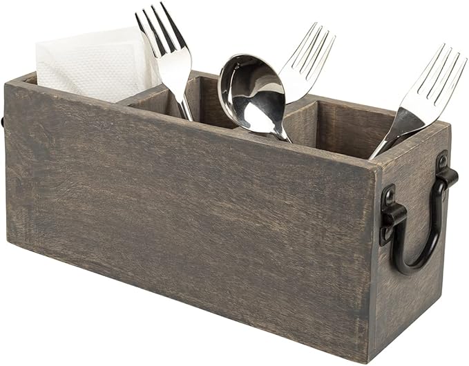 GoCraft 3-Compartment Flatware Caddy – Wooden Cutlery & Utensil Holder for Silverware, Tongs, Sauce Spoons, and More – Grey Washed Mango Wood with Metal Handles, Ideal for Kitchen & Dining Table