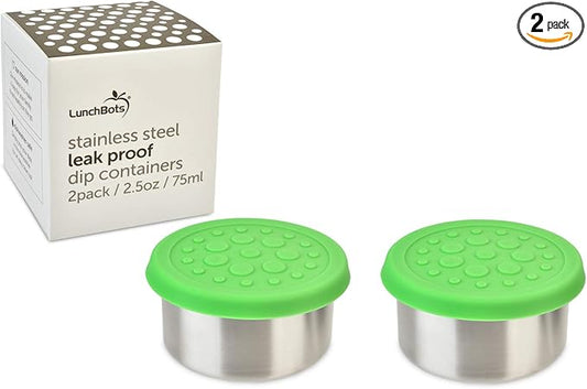 LunchBots 2.5 oz Stainless Steel Dressing Container for Condiments, Dips, Snacks, Dipping Sauce Cups with Silicone Lid, Fits in Lunch Bags and Bento Boxes - Set of 2 (Green)