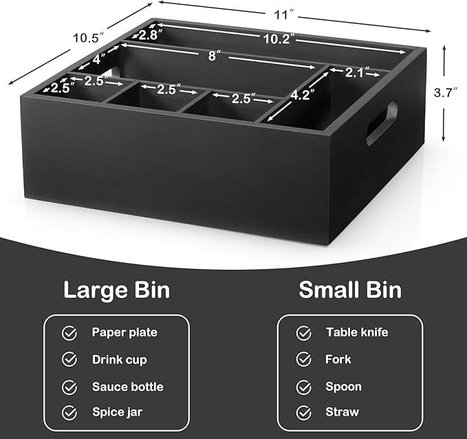 Black Wood Utensil Holder for Party - Paper Plate Organizer for Countertop - Silverware Caddy with 6 Compartments for Plate Cup Fork Spoon - Cutlery Holder for Kitchen Camping Buffet