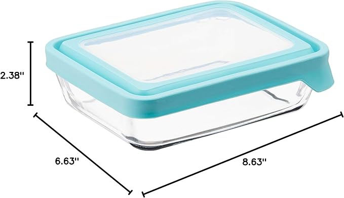 Anchor Hocking TrueSeal Glass Food Storage Containers with Mineral Blue Airtight Lids, 6 Cup Capacity (48 Oz), Rectangle, Pack of 4
