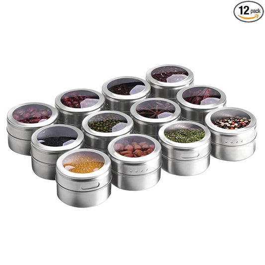 Magnetic Spice Tins 12pcs,Stainless-Steel Magnetic Spice Container Magnetic Spice Jars Easy to Clean and Rust Free Includes 120 Labeling Stickers