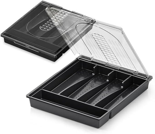 Kitchen Utensil Organizer Holder for Countertop with Removable Lid, Plastic 13 Inch Silverware Tray for Drawer,5 Compartments/Slots Total Flatware Organizer,Portable Cutlery Knives,Forks,Spoons Black