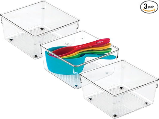iDesign Plastic Drawer Organizer Bins - Storage for Kitchen, Bathroom, and Desk Drawers - Set of 3 - Clear