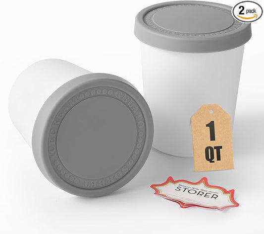 2Pack Ice Cream Containers for Homemade Ice Cream（1 Quart Each），Reusable Plastic Storage Containers Cups with Lids for Freezer，Stackable Storage Container for Gelato，Yogurt, Sorbet