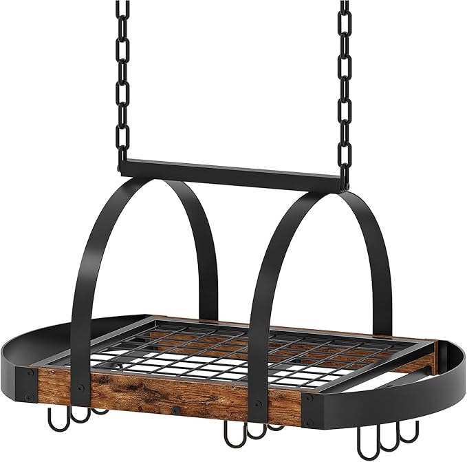 Hanging Pot Rack, Pot Hanger for Kitchen, Ceiling Mounted Pot Holder, Cookware Organizer with 9 S-Shaped Hooks, for Pot, Pan Storage, Space-Saving, Rustic Brown and Black TPR07BF